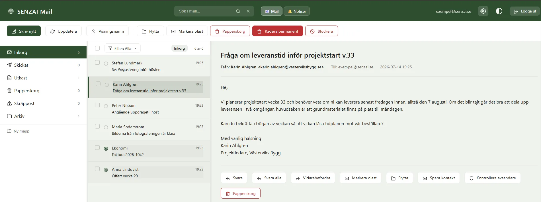 Skärmbild av SENZAI Mail med mapplista, inkorg och öppnat mail